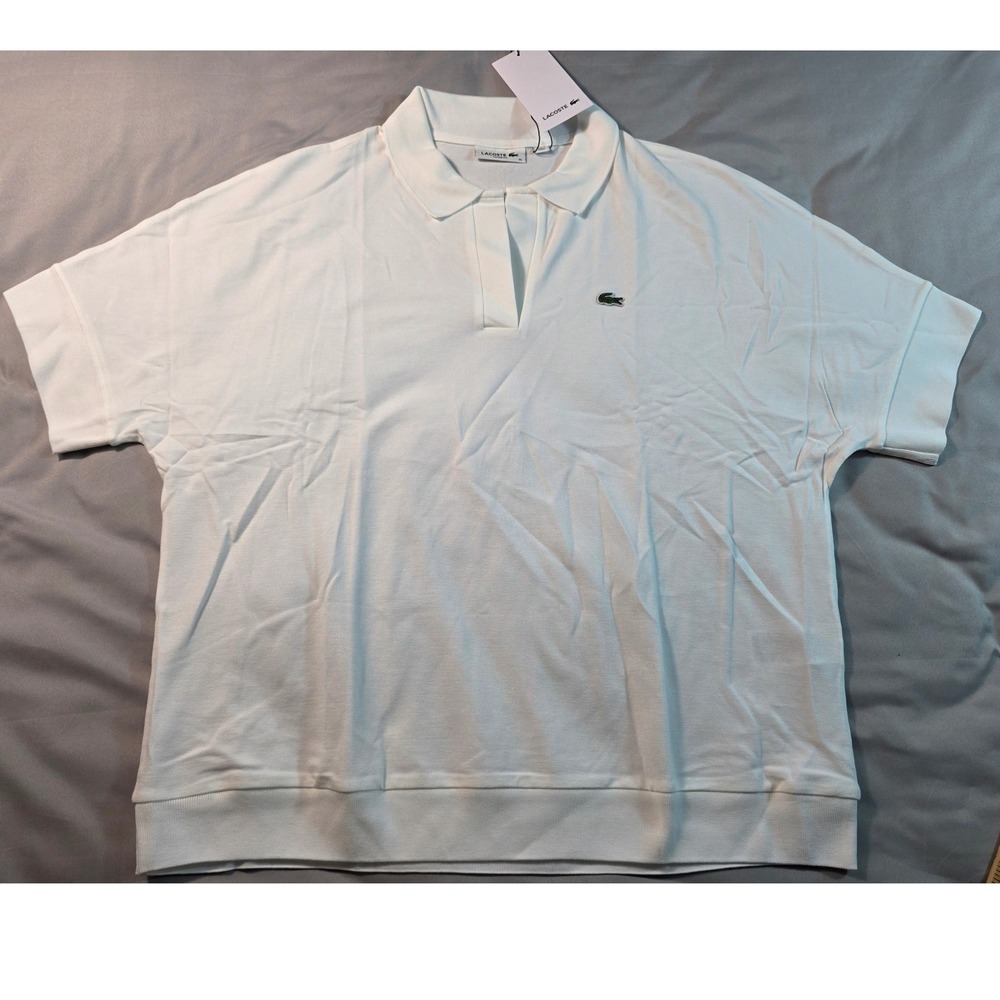 Lacoste Fluid Pique V-Neck Polo Shirt Mens XL White Loose Fit NEW